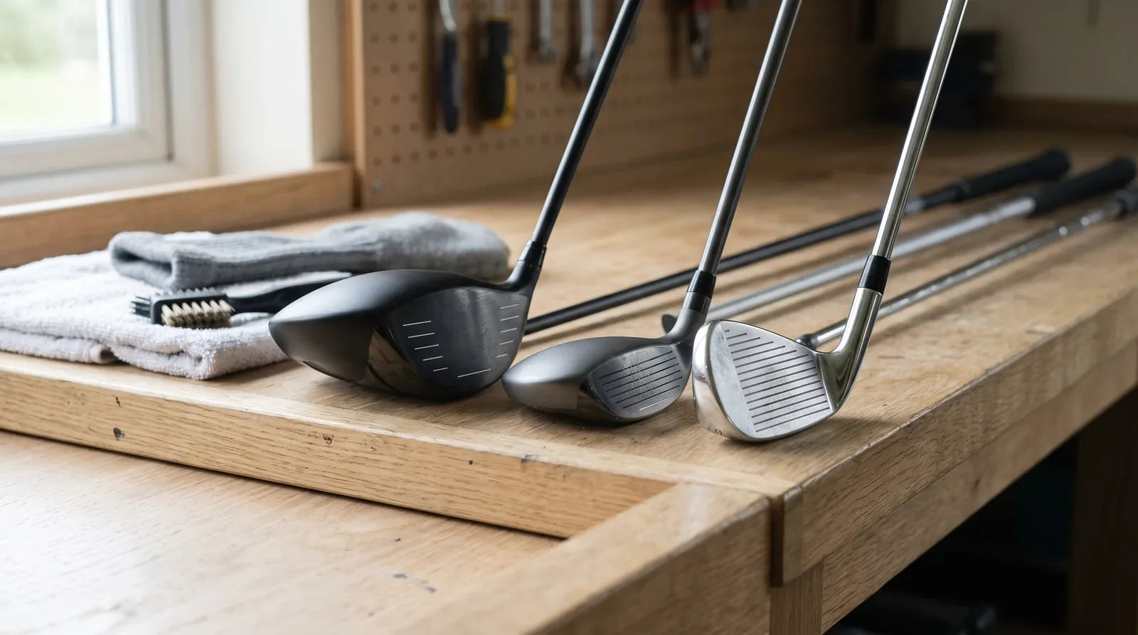 A used driver, hybrid and iron laid on a wooden workbench in window light, ready to be checked before sale