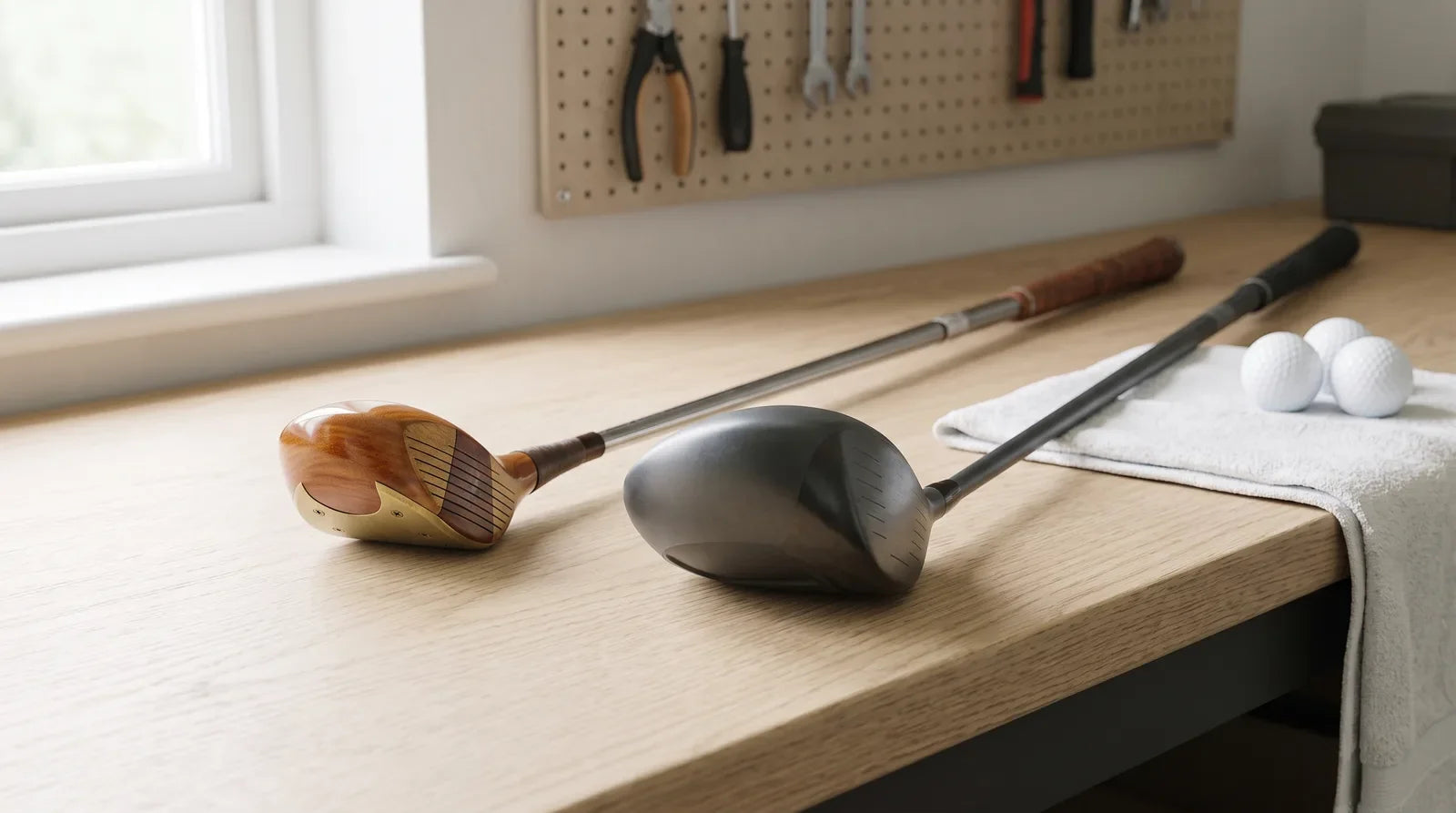 A small-headed persimmon driver lying beside a large modern driver on a wooden workbench in a golf workshop