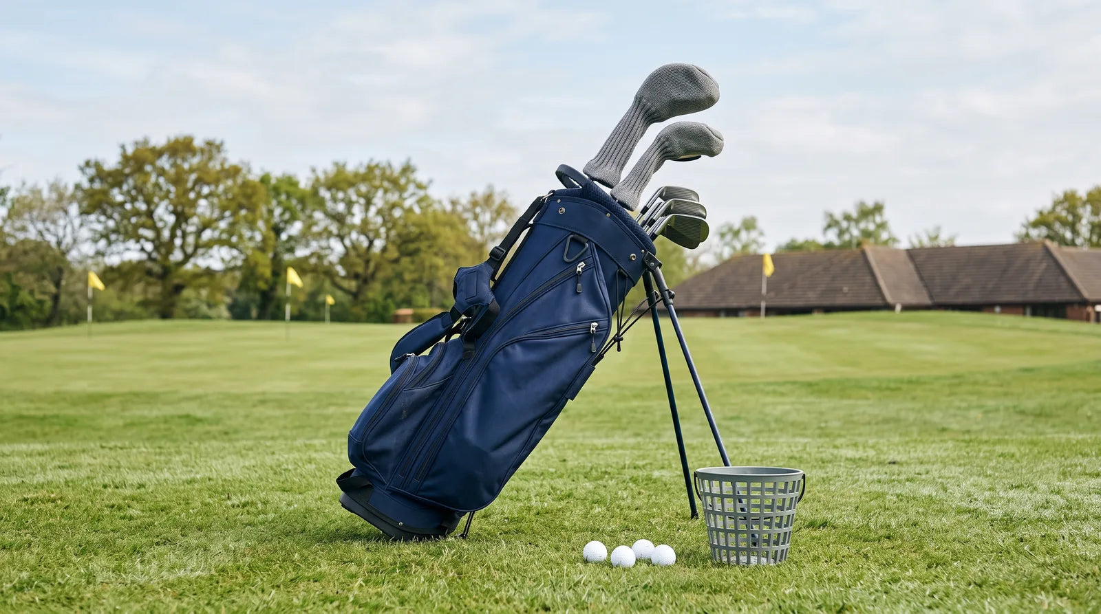 A navy golf stand bag of second-hand clubs on the grass of a British practice ground on a bright morning