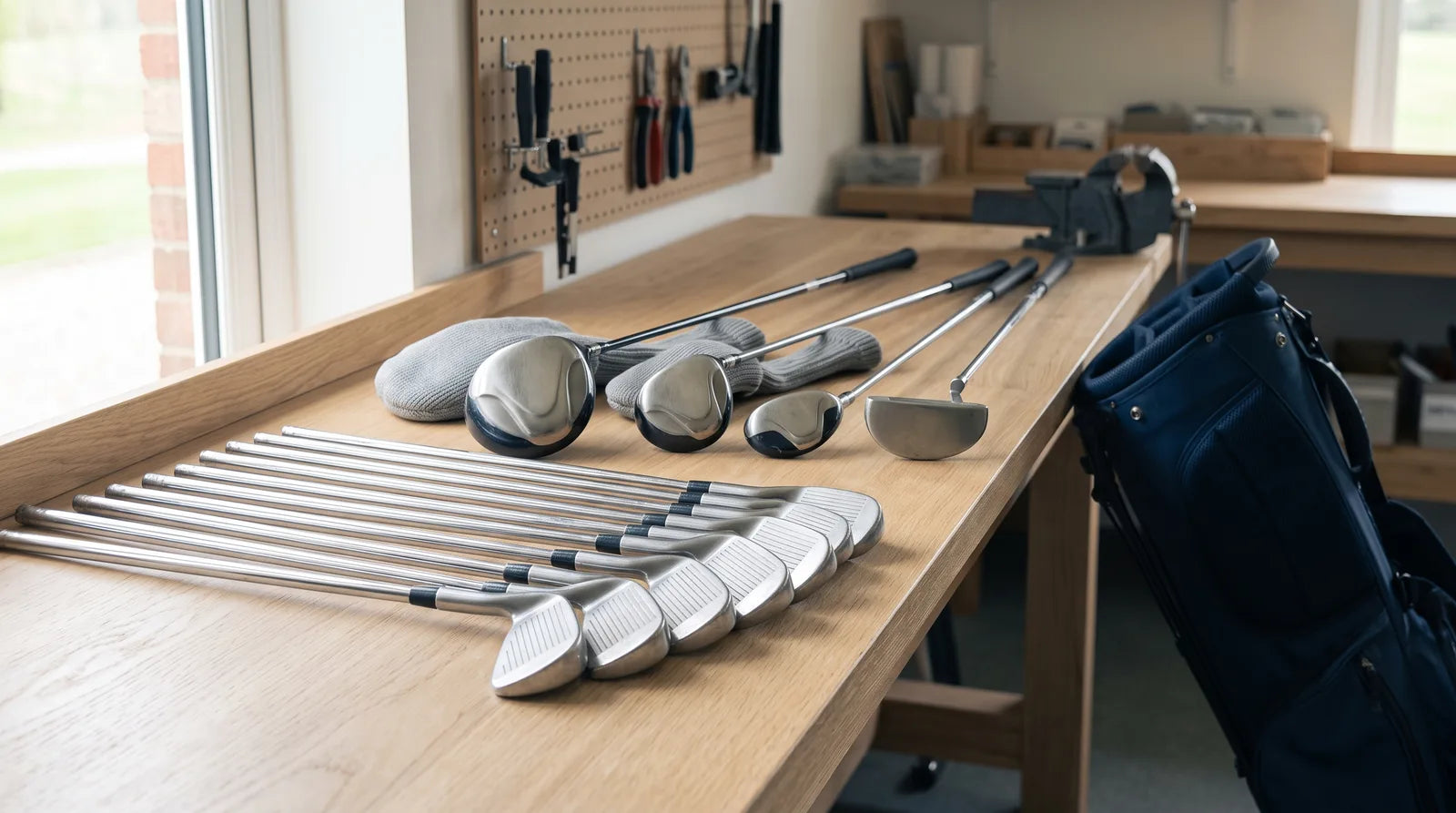 A set of second-hand irons, a driver, a fairway wood and a putter laid out on a wooden workbench beside a navy stand bag