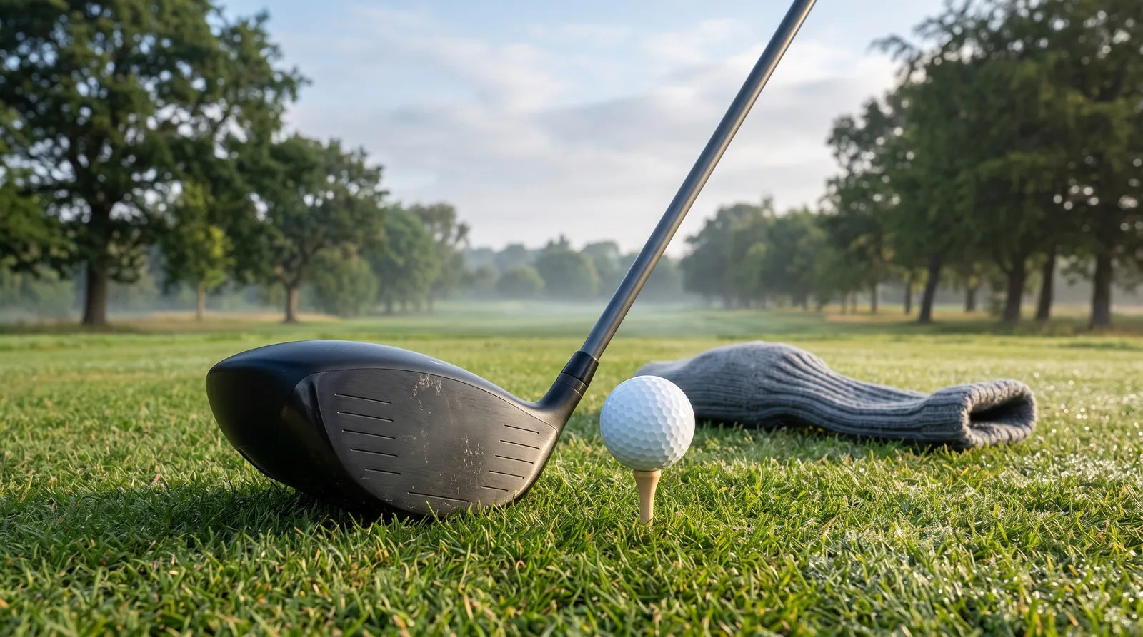 A used golf driver lying on the tee of a British parkland course beside a ball on a wooden tee in early morning light