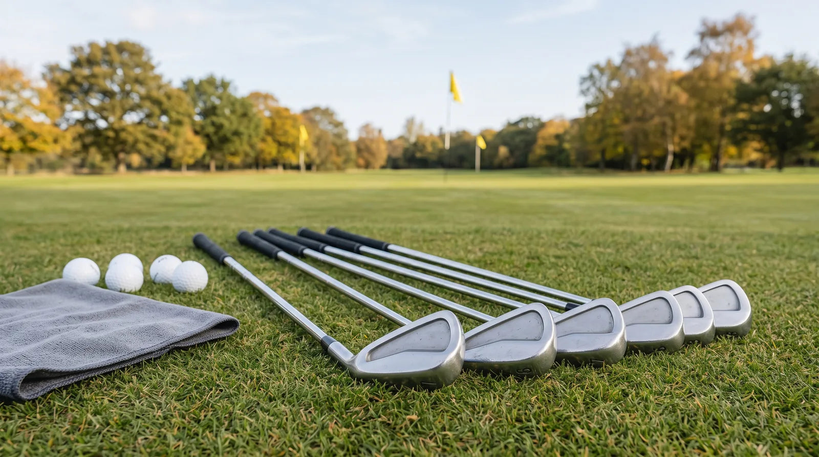 A set of cleaned second-hand cavity-back irons laid out on the grass of a British practice ground beside a few golf balls